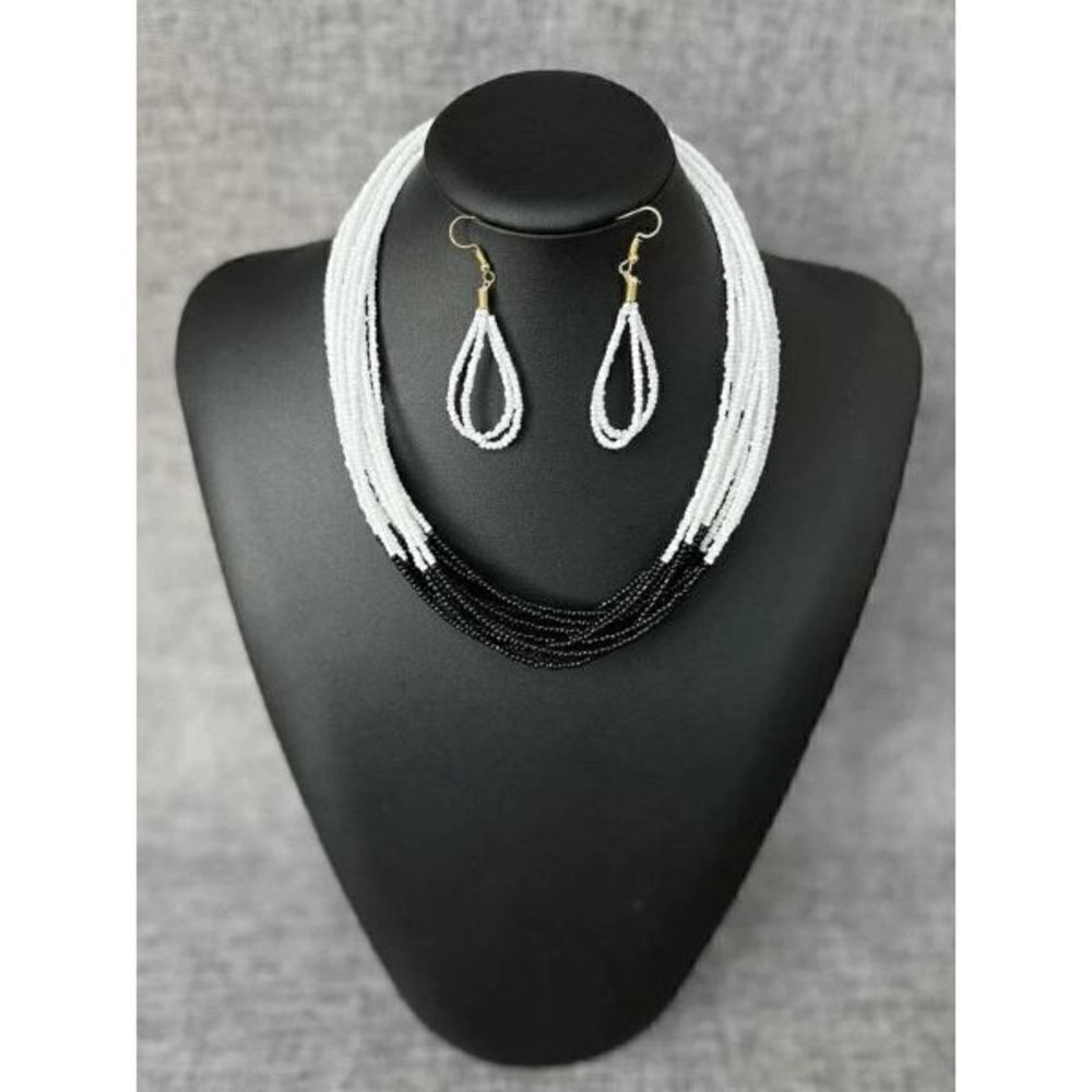 BLACK AND WHITE TWO-TONED BEADED NECKLACE AND EARRING SET